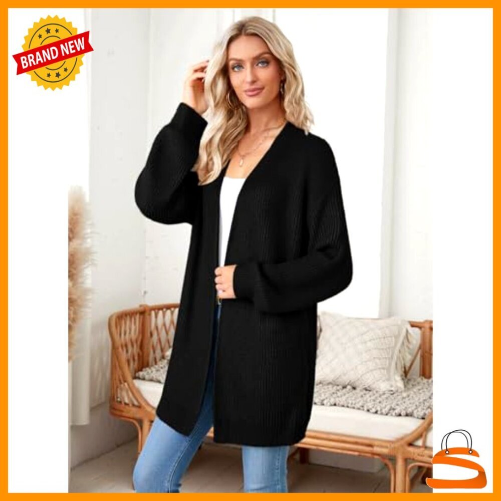 Oversized Long Cardigan Chunky Waffle Knit Open Front Bell Sleeves - Picture 5 of 6
